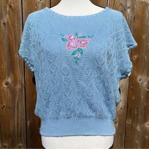 Vintage Spring Blue Knit Top with Pink Floral Embroidery Accepting offers !